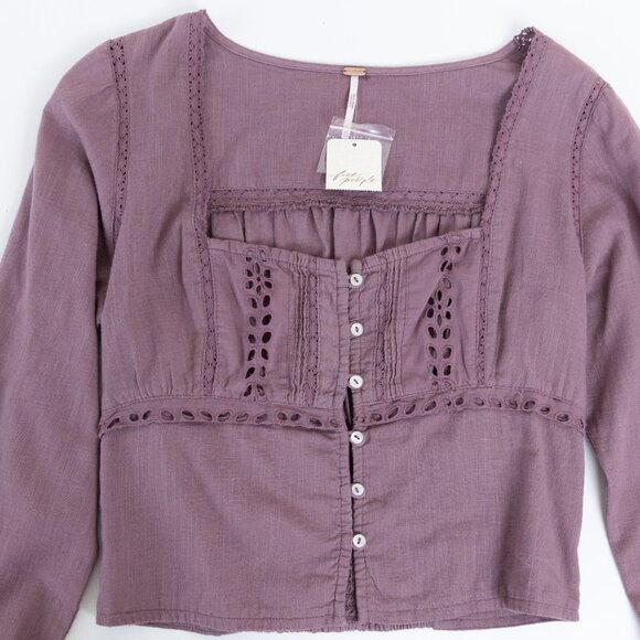 Free People Eyelet Cropped Blouse Peasant Boho Mauve Roan Rouge Joi - Picture 4 of 13